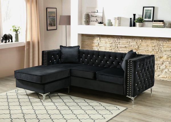 English Elm Paige Velvet Sofa Chaise with Faux Jewel Tufting, Chromed Steel Legs, KD Design for Easy Delivery Black 70 L x 26.8 W x 18.1 H B078S00093