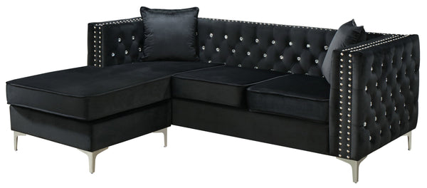 English Elm Paige Velvet Sofa Chaise with Faux Jewel Tufting, Chromed Steel Legs, KD Design for Easy Delivery Black 70 L x 26.8 W x 18.1 H B078S00093