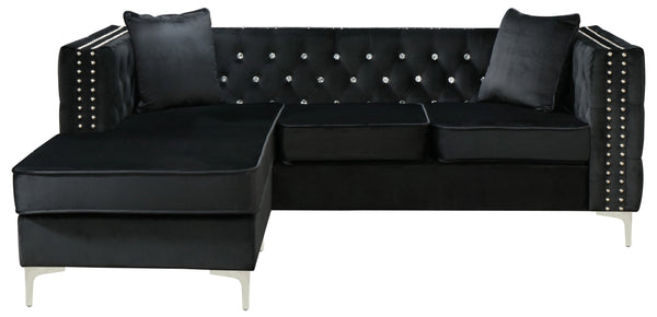English Elm Paige Velvet Sofa Chaise with Faux Jewel Tufting, Chromed Steel Legs, KD Design for Easy Delivery Black 70 L x 26.8 W x 18.1 H B078S00093