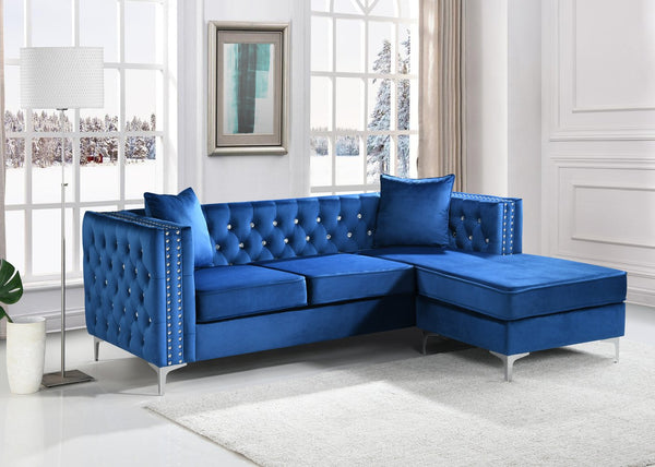 English Elm Paige Velvet Sofa Chaise with Faux Jewel Tufting, Chromed Steel Legs, KD Design for Easy Delivery Blue 70 L x 26.8 W x 18.1 H B078S00095