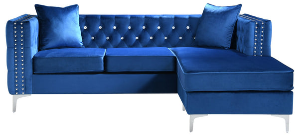 English Elm Paige Velvet Sofa Chaise with Faux Jewel Tufting, Chromed Steel Legs, KD Design for Easy Delivery Blue 70 L x 26.8 W x 18.1 H B078S00095