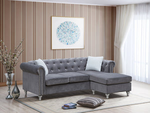 English Elm Raisa Gray Velvet Sofa Chaise with Jewel Tufting, Pocketed Coil Seats, Turned Wood Legs B078S00576