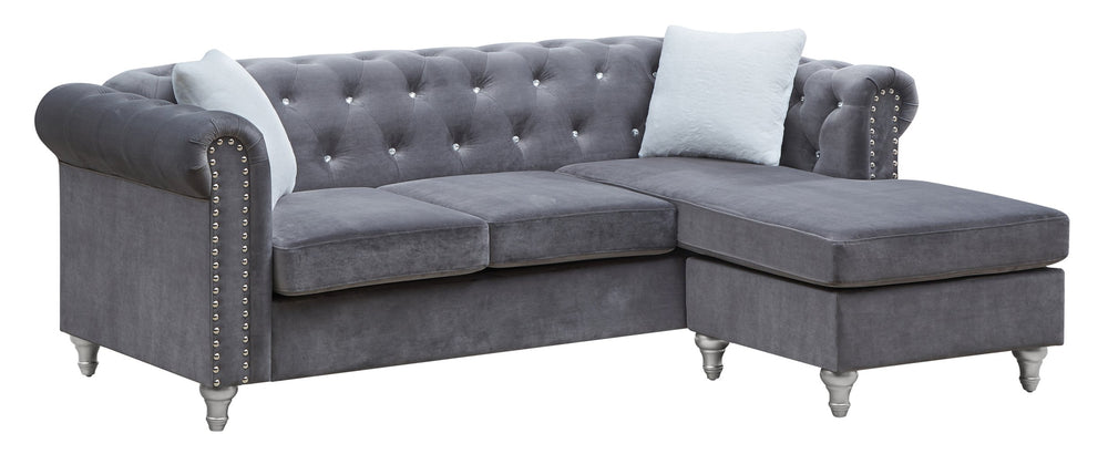 English Elm Raisa Gray Velvet Sofa Chaise with Jewel Tufting, Pocketed Coil Seats, Turned Wood Legs B078S00576