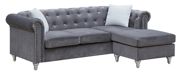 English Elm Raisa Gray Velvet Sofa Chaise with Jewel Tufting, Pocketed Coil Seats, Turned Wood Legs B078S00576