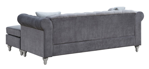 English Elm Raisa Gray Velvet Sofa Chaise with Jewel Tufting, Pocketed Coil Seats, Turned Wood Legs B078S00576