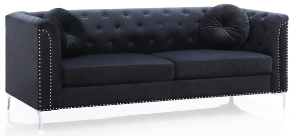 English Elm Pompano Velvet Mid-Century Sofa with Button Tufting, Chrome Legs & Nailhead Trim, Pocket Coil Comfort Black 26 L x 70 W x 13 H B078S00507