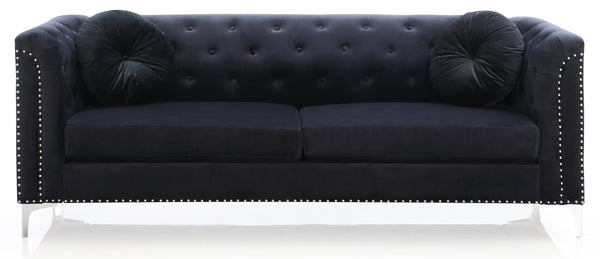 English Elm Pompano Velvet Mid-Century Sofa with Button Tufting, Chrome Legs & Nailhead Trim, Pocket Coil Comfort Black 26 L x 70 W x 13 H B078S00507