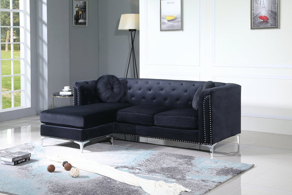 English Elm Glory Pompano Velvet Sofa Chaise G893B-SC Black - Mid-Century Tufted Arms, Chrome Legs, Coil Cushions B078S00508