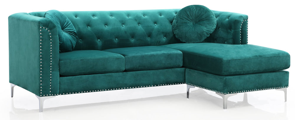 English Elm Pompano Velvet Green Sofa Chaise with Chrome Legs, Button Tufting & Pocketed Coil Cushions, Mid-Century Modern Comfort B078S00514