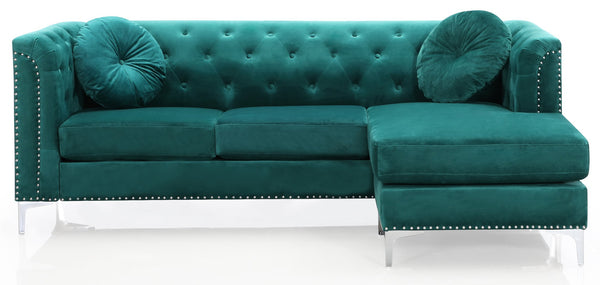 English Elm Pompano Velvet Green Sofa Chaise with Chrome Legs, Button Tufting & Pocketed Coil Cushions, Mid-Century Modern Comfort B078S00514