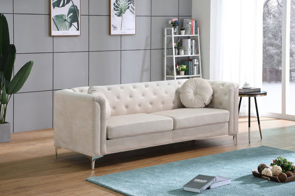 English Elm Pompano Velvet Mid-Century Sofa with Button Tufting, Chrome Legs & Nailhead Trim, Pocket Coil Comfort Ivory 26 L x 38 W x 29 H B078S00516