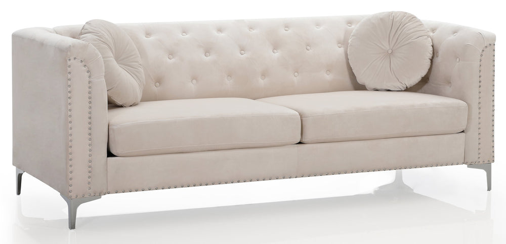 English Elm Pompano Velvet Mid-Century Sofa with Button Tufting, Chrome Legs & Nailhead Trim, Pocket Coil Comfort Ivory 26 L x 38 W x 29 H B078S00516