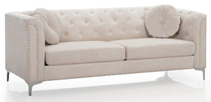 English Elm Pompano Velvet Mid-Century Sofa with Button Tufting, Chrome Legs & Nailhead Trim, Pocket Coil Comfort Ivory 26 L x 38 W x 29 H B078S00516