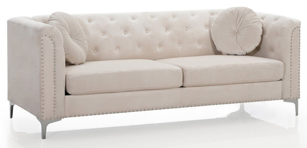 English Elm Pompano Velvet Mid-Century Sofa with Button Tufting, Chrome Legs & Nailhead Trim, Pocket Coil Comfort Ivory 26 L x 38 W x 29 H B078S00516