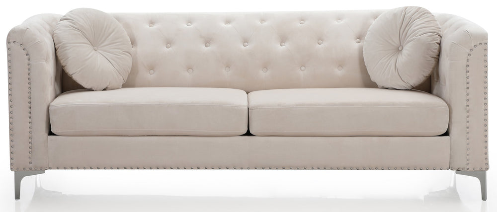 English Elm Pompano Velvet Mid-Century Sofa with Button Tufting, Chrome Legs & Nailhead Trim, Pocket Coil Comfort Ivory 26 L x 38 W x 29 H B078S00516