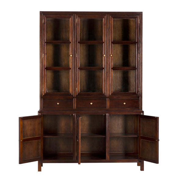 Noir Colonial Hutch - Exquisite Solid Mahogany Design With 15 Cubbies Perfect For Timeless Storage Solutions Hand Rubbed Brown Mahogany,Glass,Veneer,Brass Pulls Garm119hbr