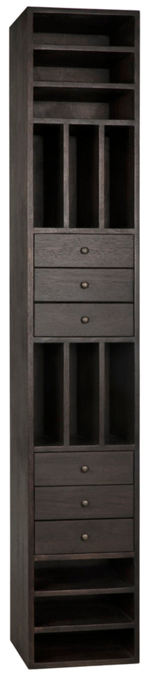 Noir Tubula Modern Bookcase in Ebony Walnut - Tall, Stylish Storage with 6 Drawers & 12 Open Cubbies GBCS208EB