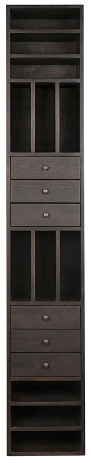Noir Tubula Modern Bookcase in Ebony Walnut - Tall, Stylish Storage with 6 Drawers & 12 Open Cubbies GBCS208EB