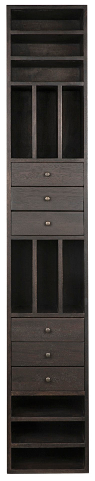 Noir Tubula Modern Bookcase in Ebony Walnut - Tall, Stylish Storage with 6 Drawers & 12 Open Cubbies GBCS208EB