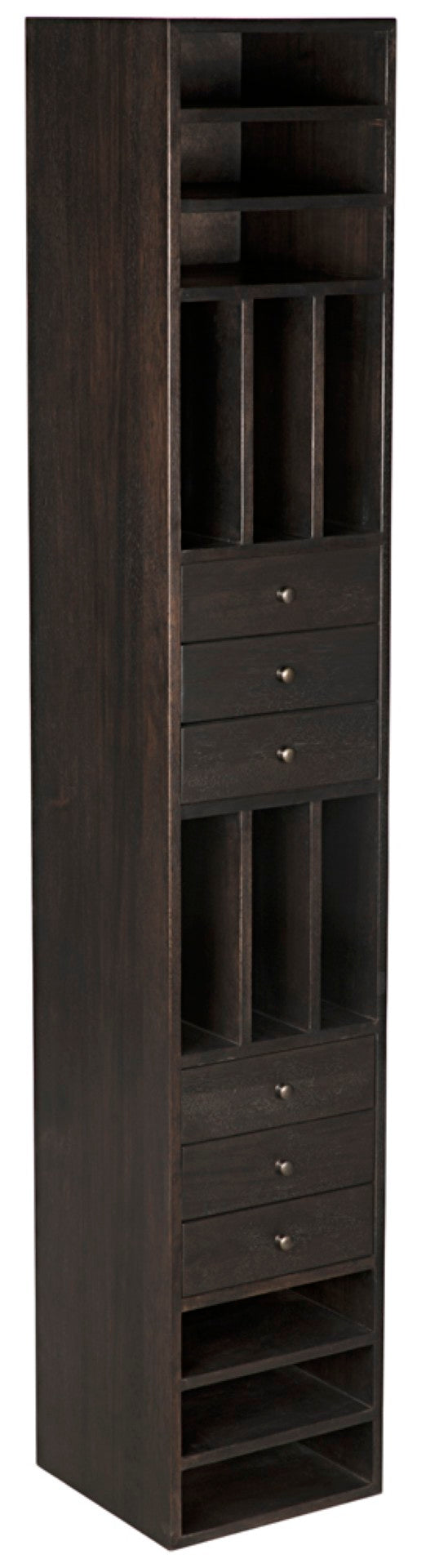 Noir Tubula Modern Bookcase in Ebony Walnut - Tall, Stylish Storage with 6 Drawers & 12 Open Cubbies GBCS208EB