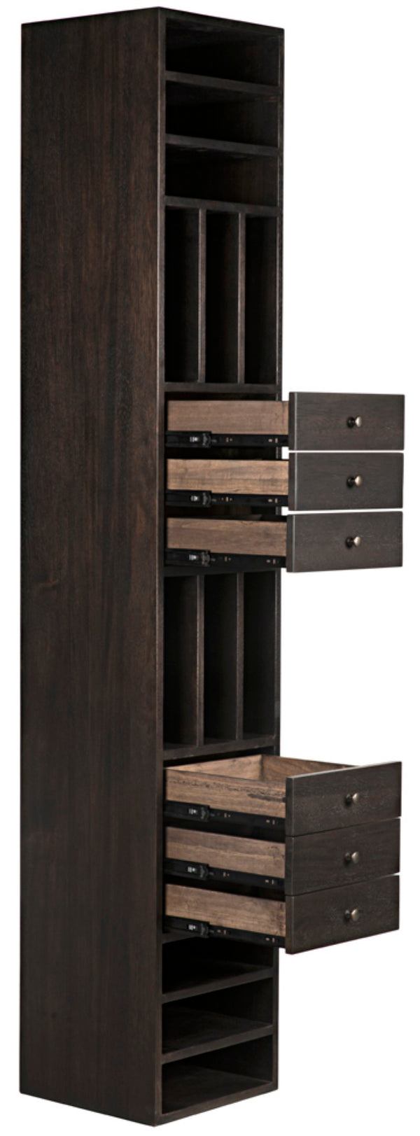 Noir Tubula Modern Bookcase in Ebony Walnut - Tall, Stylish Storage with 6 Drawers & 12 Open Cubbies GBCS208EB