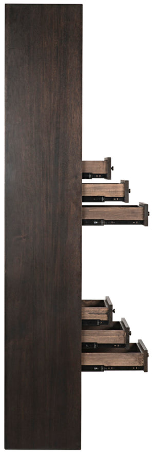Noir Tubula Modern Bookcase in Ebony Walnut - Tall, Stylish Storage with 6 Drawers & 12 Open Cubbies GBCS208EB