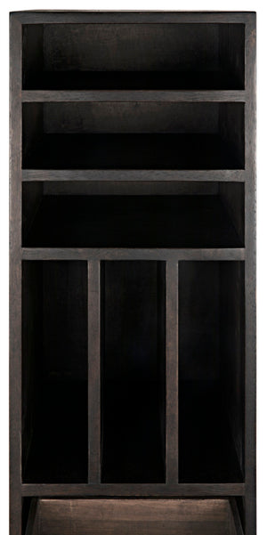 Noir Tubula Modern Bookcase in Ebony Walnut - Tall, Stylish Storage with 6 Drawers & 12 Open Cubbies GBCS208EB