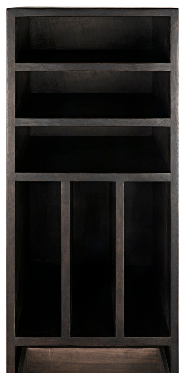 Noir Tubula Modern Bookcase in Ebony Walnut - Tall, Stylish Storage with 6 Drawers & 12 Open Cubbies GBCS208EB