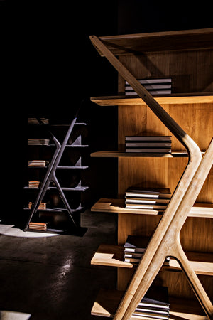 Noir Vetra Bookcase: Stunning Teak Design with Distinctive Sculptural Silhouette for Stylish Display Spaces Hand Rubbed Black GBCS228HB