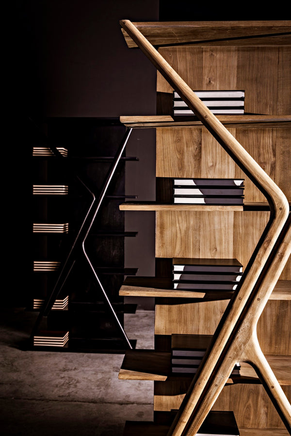Noir Vetra Bookcase: Stunning Teak Design with Distinctive Sculptural Silhouette for Stylish Display Spaces Hand Rubbed Black GBCS228HB
