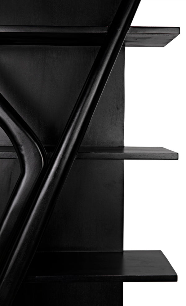 Noir Vetra Bookcase: Stunning Teak Design with Distinctive Sculptural Silhouette for Stylish Display Spaces Hand Rubbed Black GBCS228HB