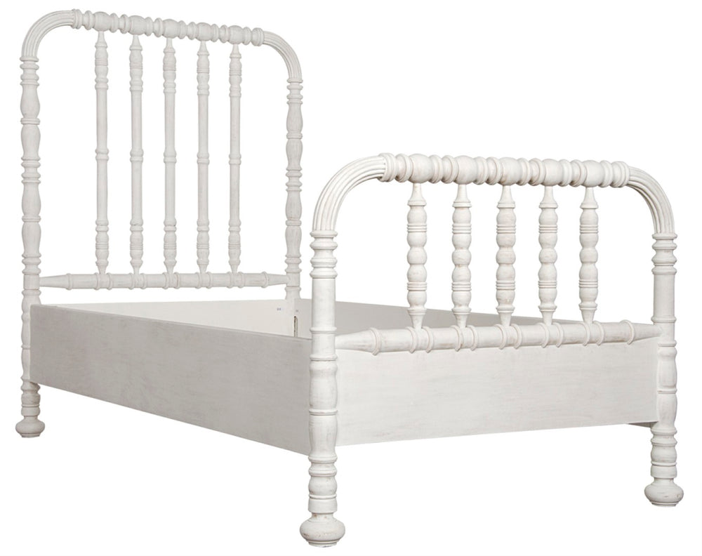 Noir Bachelor Queen Bed in Elegant White Wash - Hand-Carved Mahogany Frame with Timeless Spool Design GBED112QWH