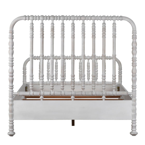 Noir Bachelor Queen Bed in Elegant White Wash - Hand-Carved Mahogany Frame with Timeless Spool Design GBED112QWH