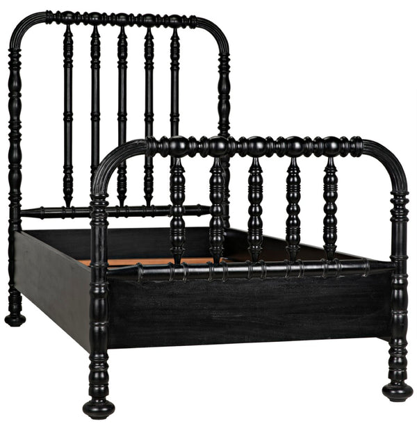 Noir Bachelor Twin Bed - Hand-Carved Solid Mahogany with Black Finish, Elegant Spindle Design for Any Room GBED112THB