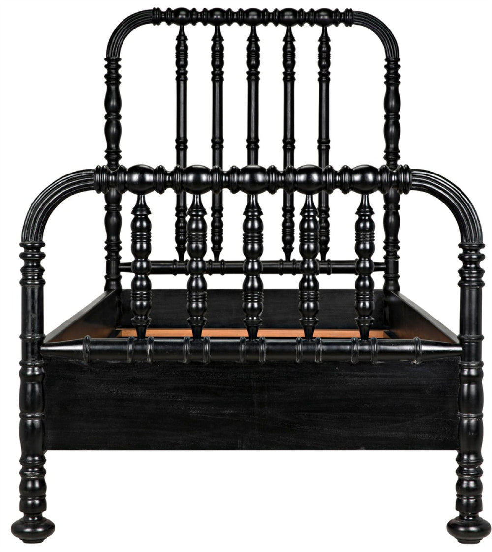 Noir Bachelor Twin Bed - Hand-Carved Solid Mahogany with Black Finish, Elegant Spindle Design for Any Room GBED112THB