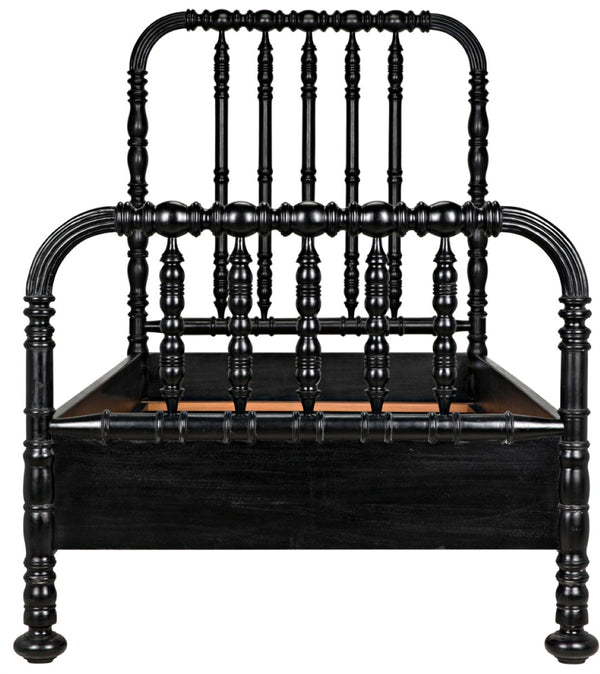 Noir Bachelor Twin Bed - Hand-Carved Solid Mahogany with Black Finish, Elegant Spindle Design for Any Room GBED112THB