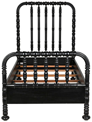 Noir Bachelor Twin Bed - Hand-Carved Solid Mahogany with Black Finish, Elegant Spindle Design for Any Room GBED112THB