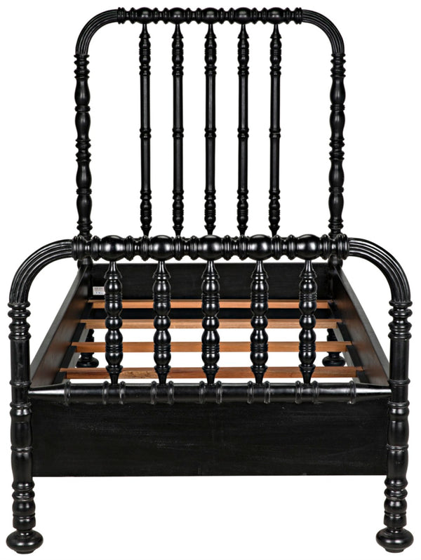 Noir Bachelor Twin Bed - Hand-Carved Solid Mahogany with Black Finish, Elegant Spindle Design for Any Room GBED112THB