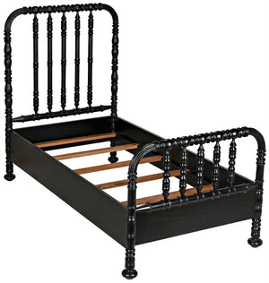 Noir Bachelor Twin Bed - Hand-Carved Solid Mahogany with Black Finish, Elegant Spindle Design for Any Room GBED112THB