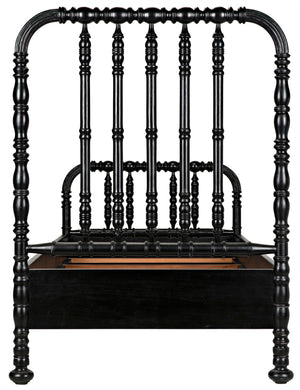 Noir Bachelor Twin Bed - Hand-Carved Solid Mahogany with Black Finish, Elegant Spindle Design for Any Room GBED112THB