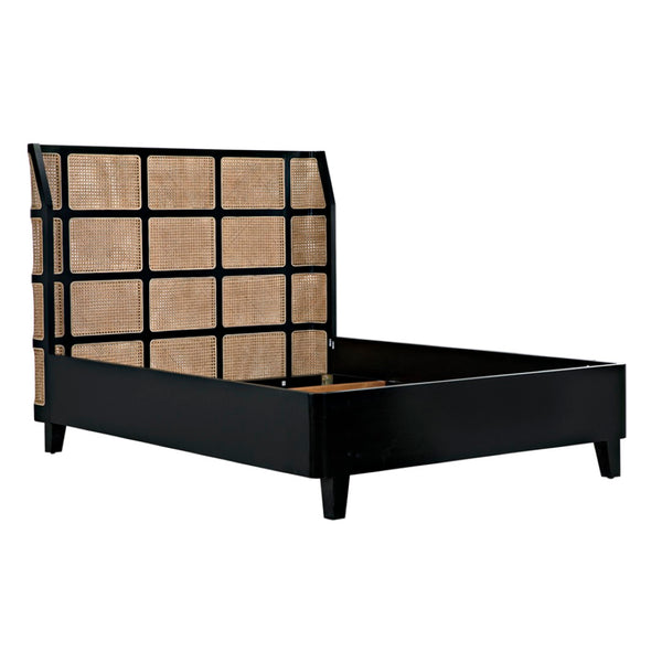 Noir Porto Queen Bed with Elegant Headboard & Frame - Solid Mahogany, Hand-Rubbed Finish & Cane Panels GBED133QHB-A