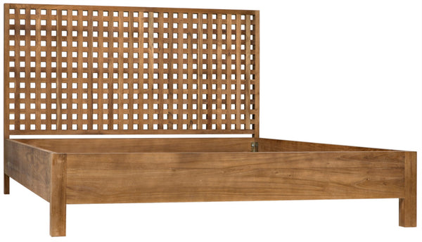 Noir Quinnton Bed: Handcrafted Teak Platform with Modern Minimalism & Striking Graphic Headboard Design Queen GBED134QT