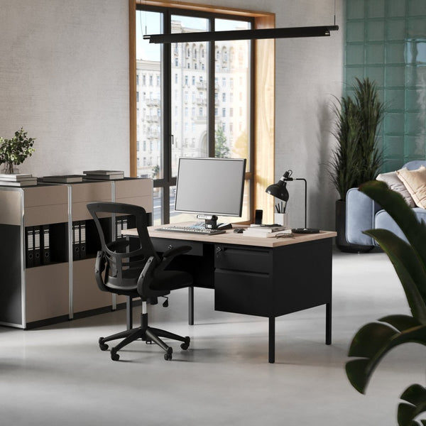 English Elm Cambridge Commercial Grade 30x48 Right Side Single Pedestal Desk with Locking Drawers for Offices White Oak GC-M-BLK-173-WHTOAK-GG