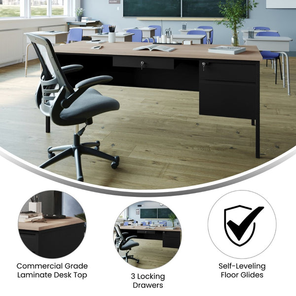 English Elm Cambridge Commercial Grade 30x70 Single Pedestal Desk with Locking Drawers for Professional Workspaces White Oak GC-M-BLK-177-WHTOAK-GG