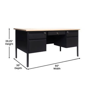 English Elm Cambridge Commercial Grade 30x60 Double Pedestal Desk with 5 Locking Drawers, Durable Steel Frame White Oak GC-M-BLK-179-WHTOAK-GG