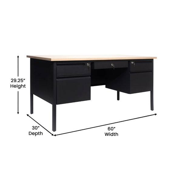 English Elm Cambridge Commercial Grade 30x60 Double Pedestal Desk with 5 Locking Drawers, Durable Steel Frame White Oak GC-M-BLK-179-WHTOAK-GG