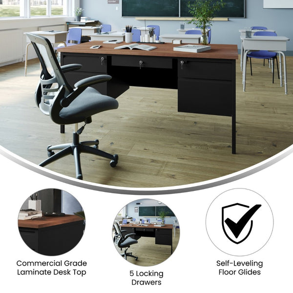 English Elm Cambridge Commercial Grade 30x60 Double Pedestal Desk with 5 Locking Drawers, Durable Steel Frame Walnut GC-M-BLK-179-WLN-GG