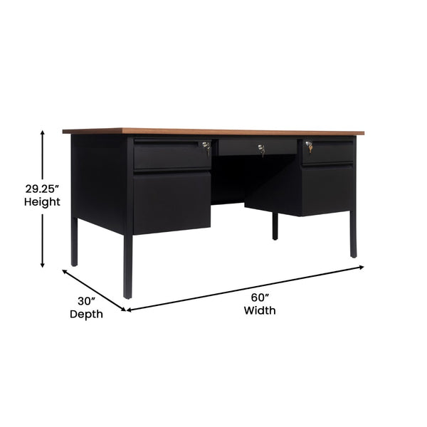 English Elm Cambridge Commercial Grade 30x60 Double Pedestal Desk with 5 Locking Drawers, Durable Steel Frame Walnut GC-M-BLK-179-WLN-GG