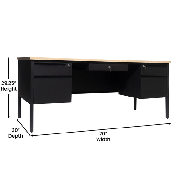 English Elm Cambridge Commercial Grade Double Pedestal Desk - Durable Storage Solution for Professional Workspaces White Oak GC-M-BLK-180-WHTOAK-GG