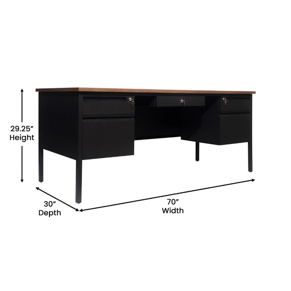 English Elm Cambridge Commercial Grade Double Pedestal Desk - Durable Storage Solution for Professional Workspaces Walnut GC-M-BLK-180-WLN-GG